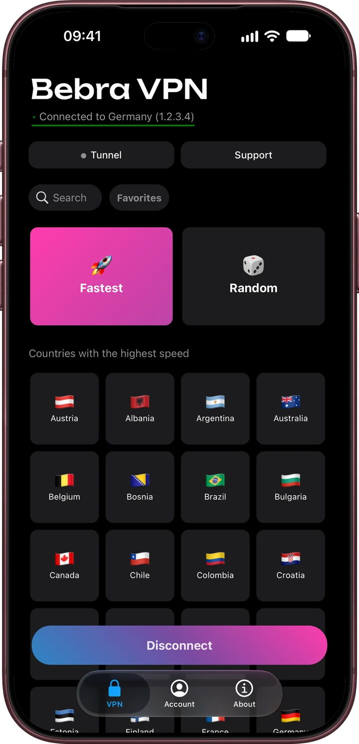 Bebra VPN home screen on iPhone: the Fastest tile and the Countries with the highest speed group