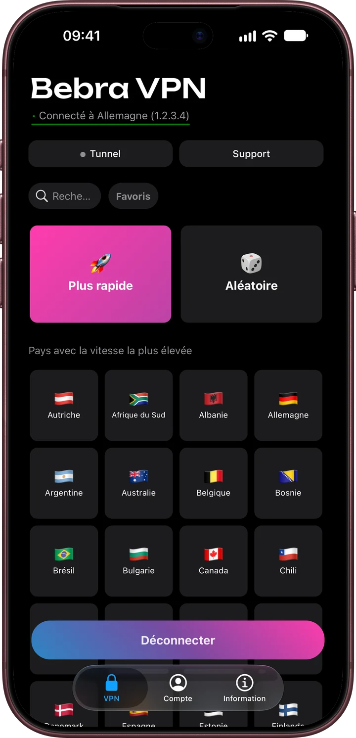 Écran d’accueil de Bebra VPN sur iPhone : la tuile « Plus rapide » et le groupe « Pays avec la vitesse la plus élevée »