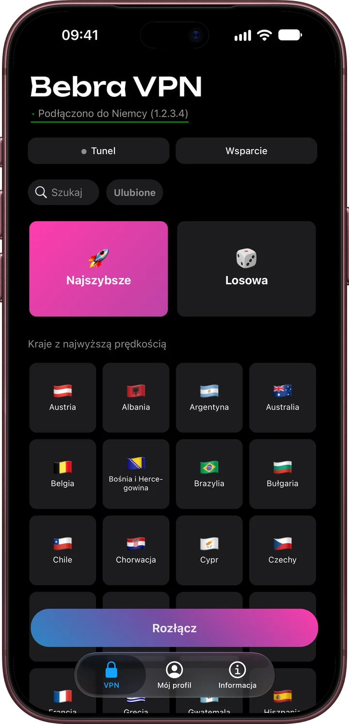 Ekran główny Bebra VPN na iPhonie: „Tunel”, „Wsparcie”, kafelki „Najszybsze” i „Losowa” oraz siatka krajów