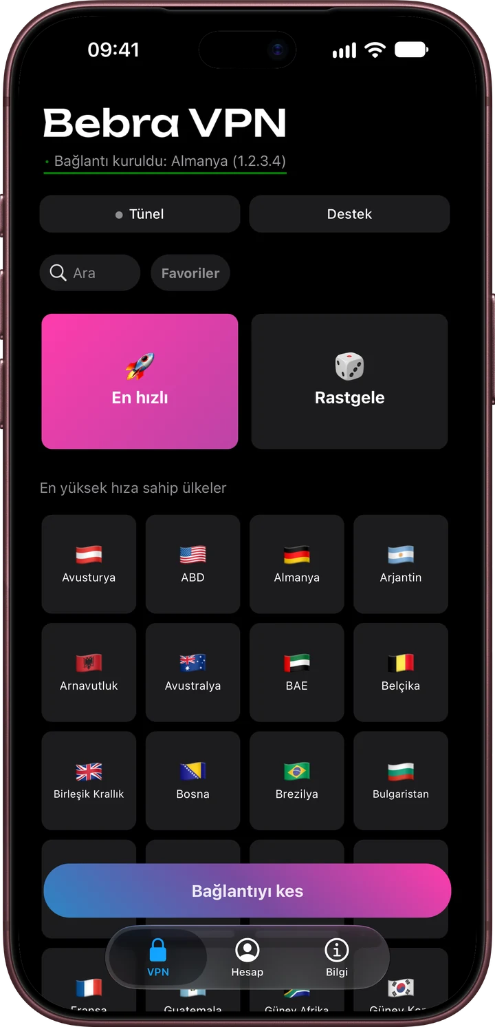iPhone’da Bebra VPN ana ekranı: “Tünel”, “Destek”, “En hızlı” ve “Rastgele” kutucukları ile ülke ızgarası