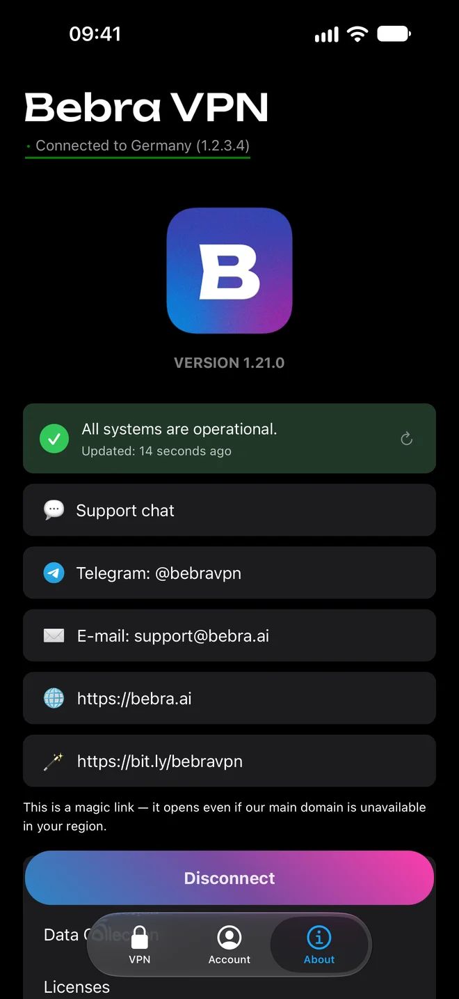 The About tab of Bebra VPN on iPhone: service status, support chat, Telegram, e-mail and website