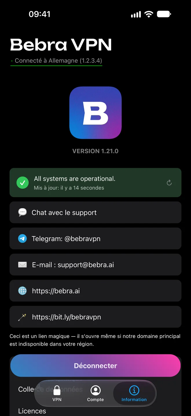 L’onglet « Information » de Bebra VPN sur iPhone : état du service, chat avec le support, Telegram, e-mail et site web