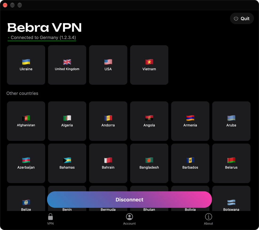 Bebra VPN on a Mac: the end of the fastest countries group and the start of Other countries